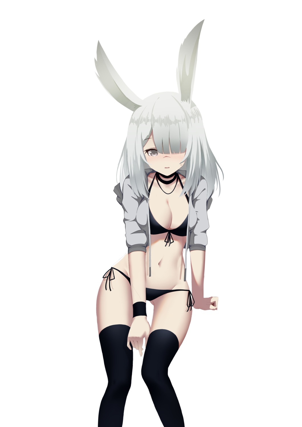 animal_ears arknights bikini bunny_ears frostnova_(arknights) huizhiyin open_shirt swimsuits thighhighs