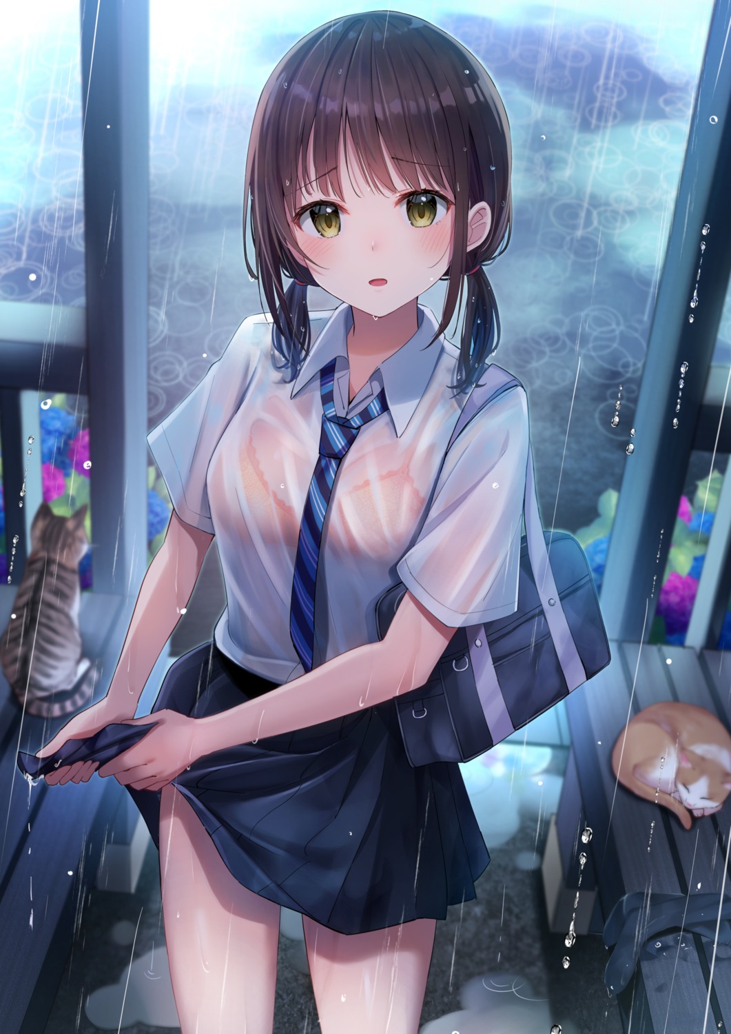 bra detexted neko see_through seifuku skirt_lift wet wet_clothes yurin