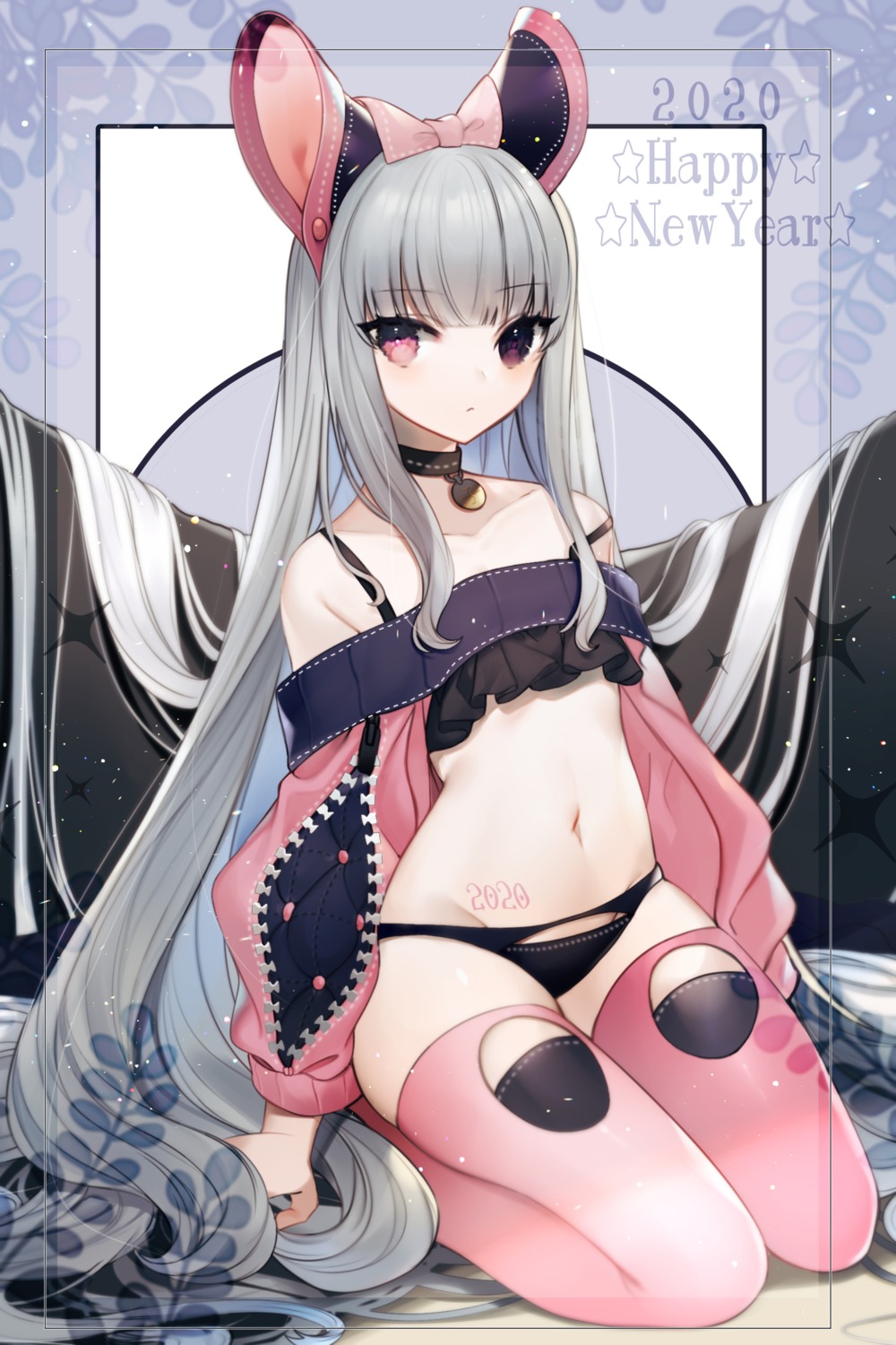 animal_ears bra daimaou_ruaeru heterochromia open_shirt pantsu tattoo thighhighs