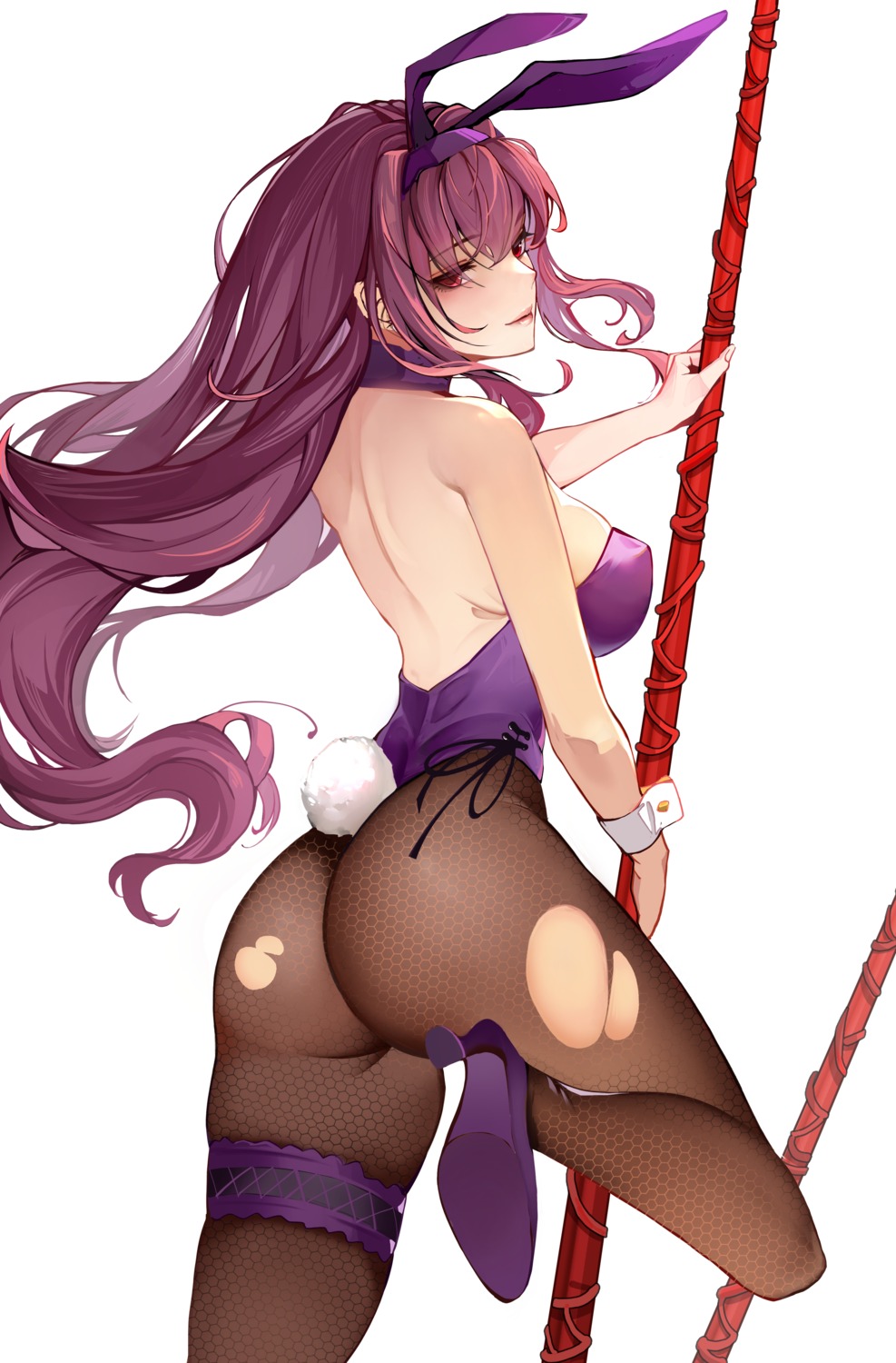 animal_ears ass bunny_ears bunny_girl fate/grand_order fishnets garter heels no_bra pantyhose scathach_(fate/grand_order) tail torn_clothes yaoshan_shi