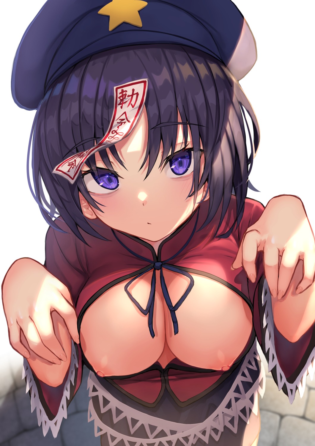 asian_clothes breasts miyako_yoshika nipples no_bra open_shirt touhou wowoguni