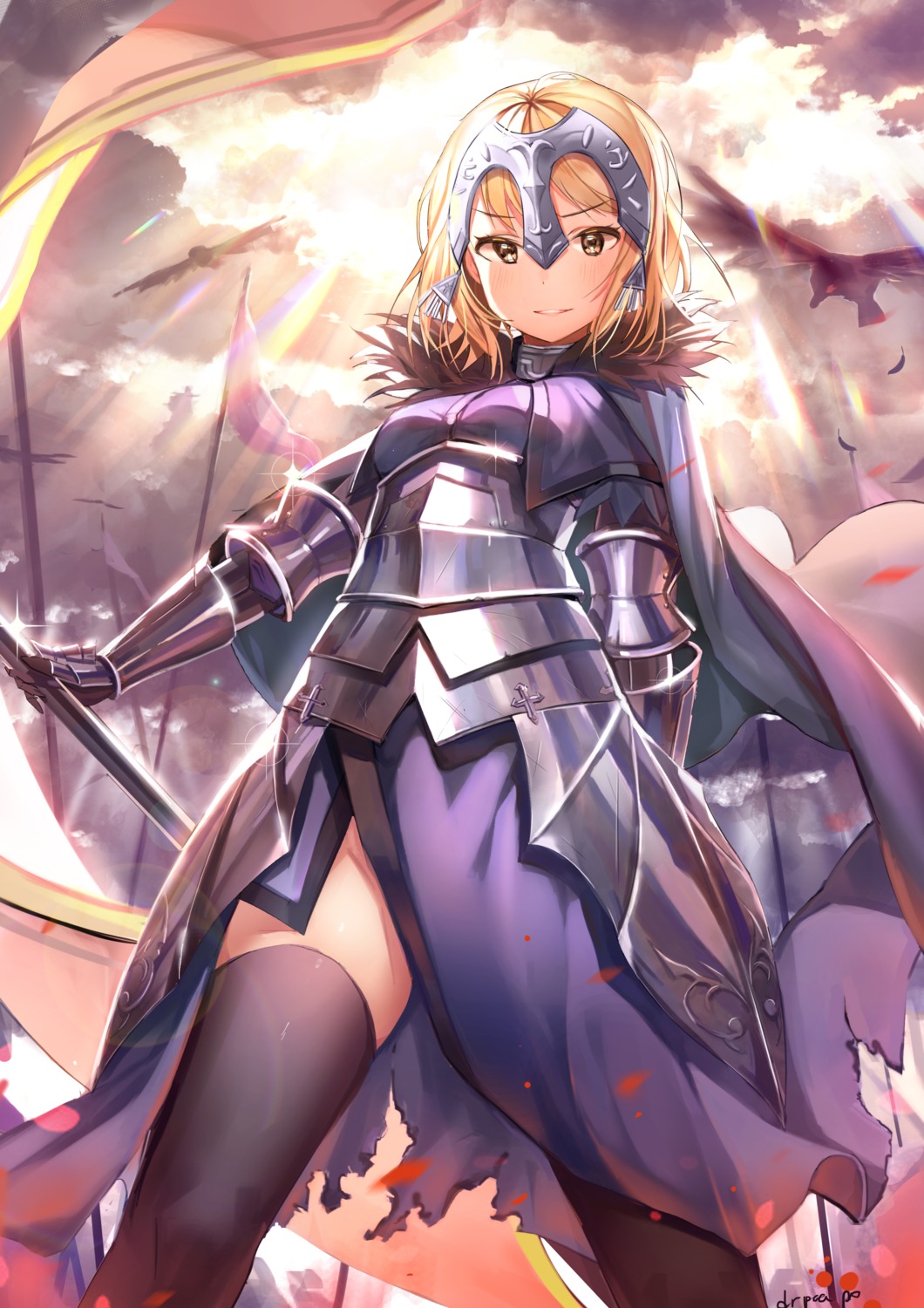 armor dr_poapo dress fate/grand_order jeanne_d'arc jeanne_d'arc_(alter)_(fate) thighhighs torn_clothes weapon