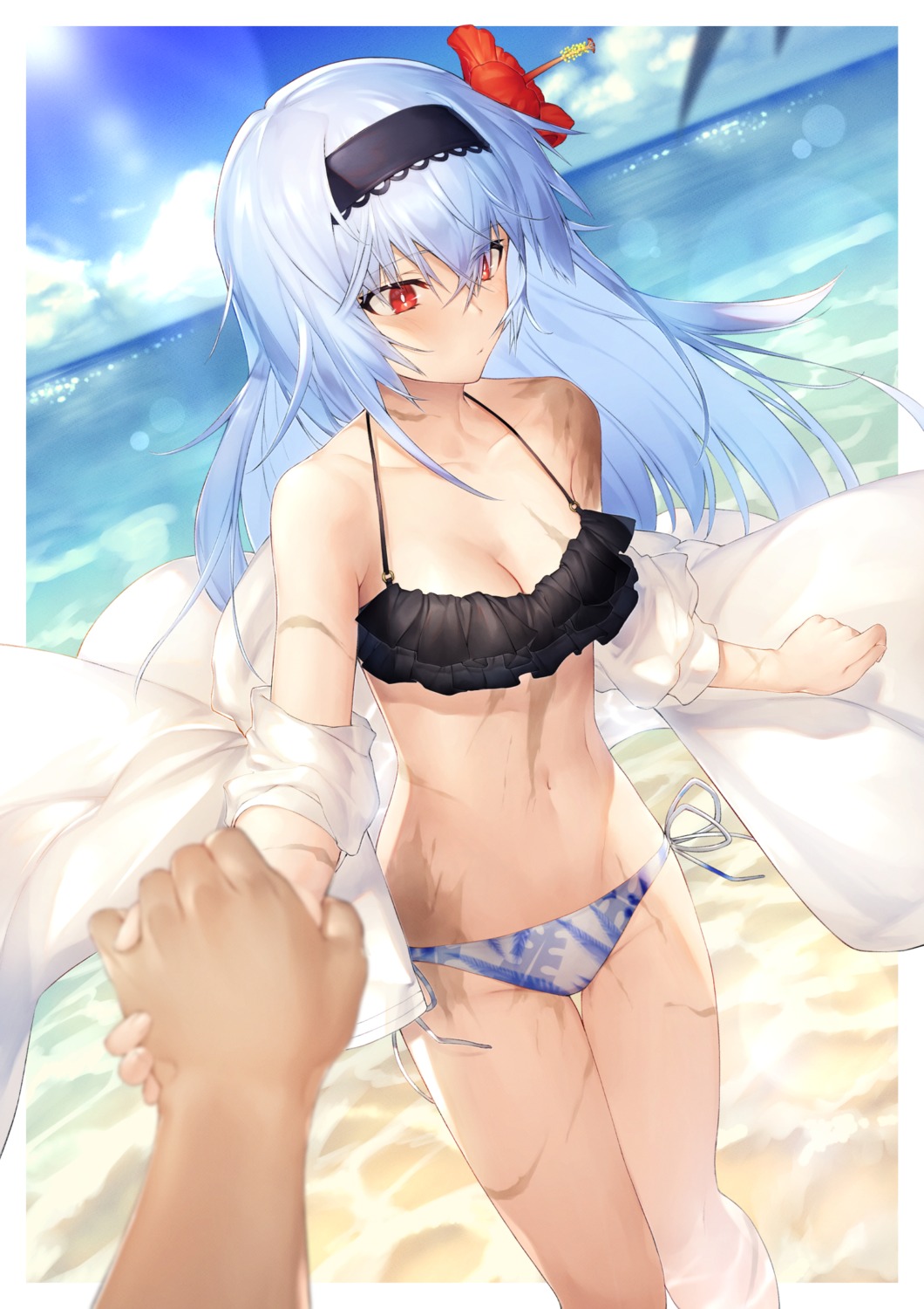 bikini cleavage dabuki girls_frontline open_shirt see_through swimsuits thunder_(girls_frontline)