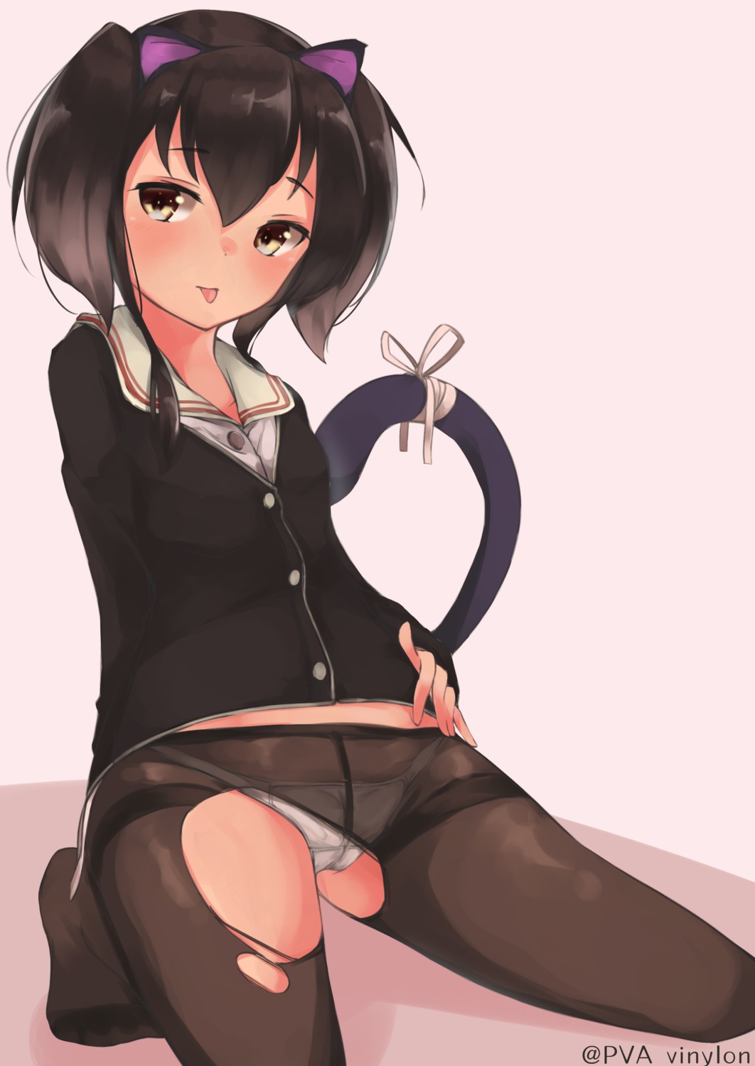 animal_ears kantai_collection nekomimi pantsu pantyhose seifuku sweater tail tokitsukaze_(kancolle) torn_clothes uut