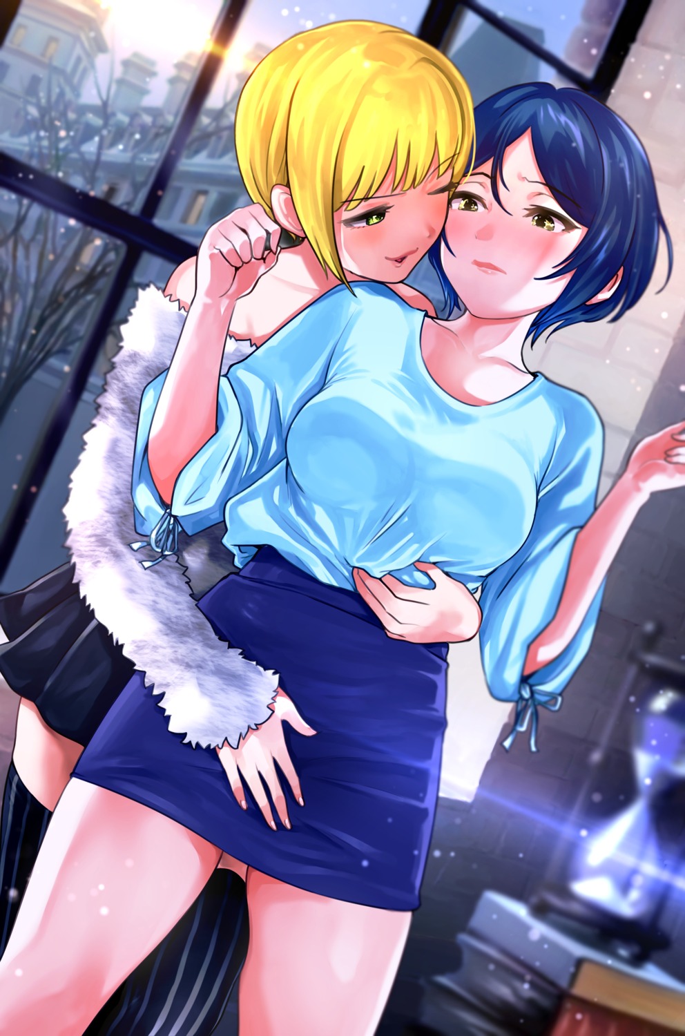 hanamasa_ono hayami_kanade miyamoto_frederica no_bra open_shirt the_idolm@ster the_idolm@ster_cinderella_girls thighhighs yuri