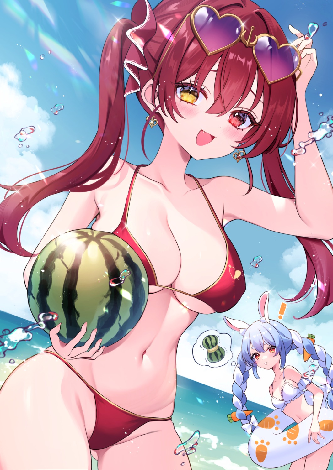 animal_ears bikini bikini_top bunny_ears enepuni heterochromia hololive houshou_marine megane swimsuits usada_pekora