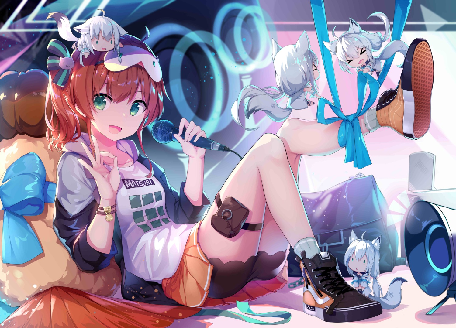 animal_ears chibi garter hololive hololive_gamers kitsune natsuiro_matsuri shirakami_fubuki skirt_lift tail wawazi