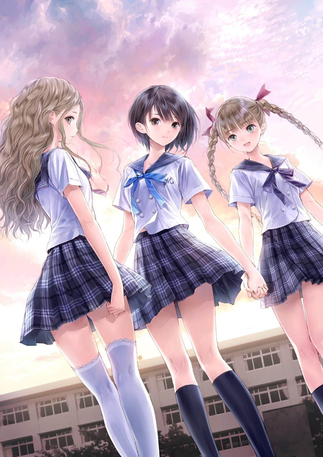 blue_reflection gust_(company) kishida_mel seifuku shijou_raimu shijou_yuzuki shirai_hinako thighhighs