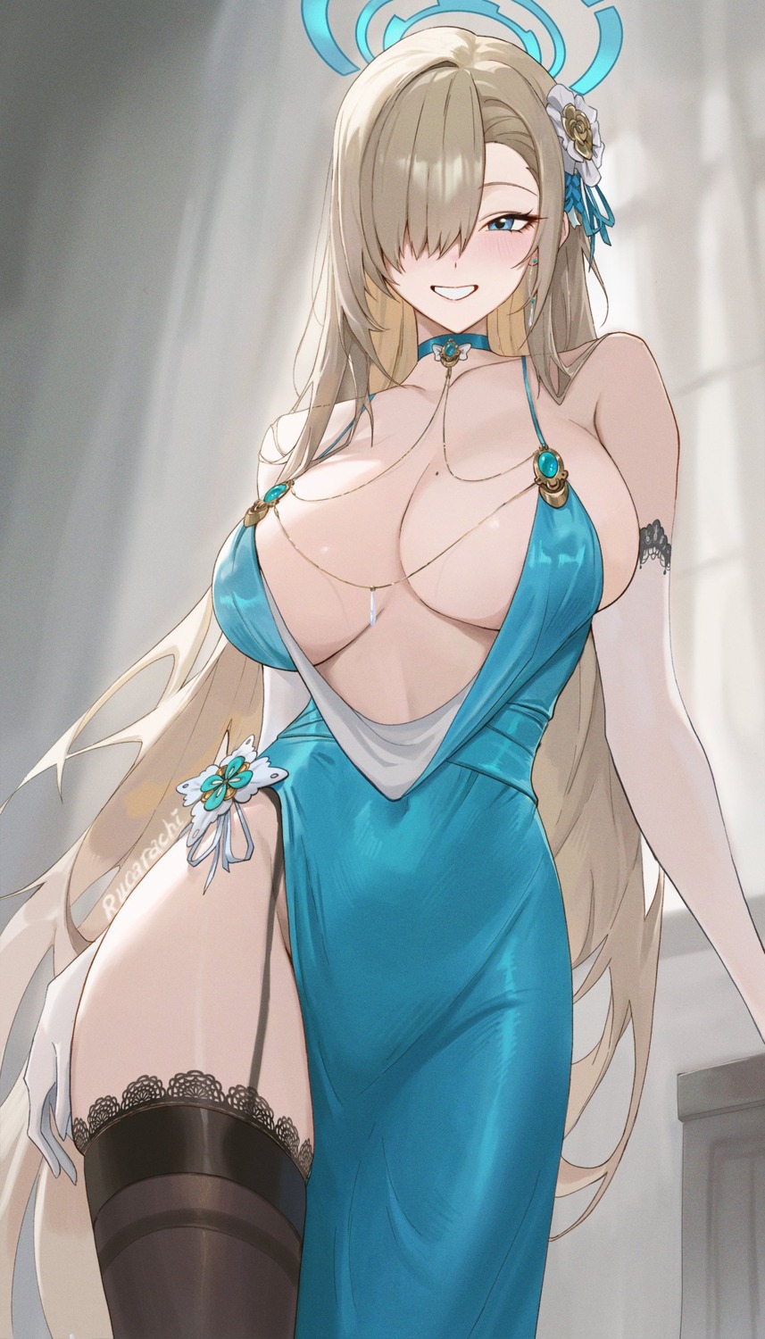 blue_archive dress halo ichinose_asuna no_bra rucarachi stockings thighhighs