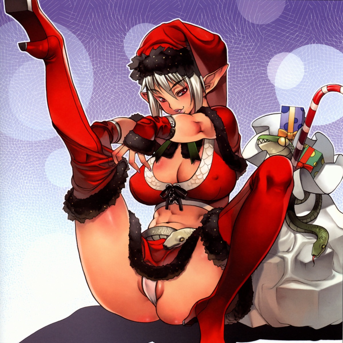 christmas cleavage echidna elf erect_nipples f.s keltan pantsu pointy_ears queen's_blade thighhighs thong undressing