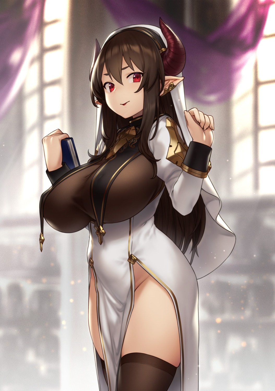 elf horns houtengeki nopan nun pointy_ears thighhighs