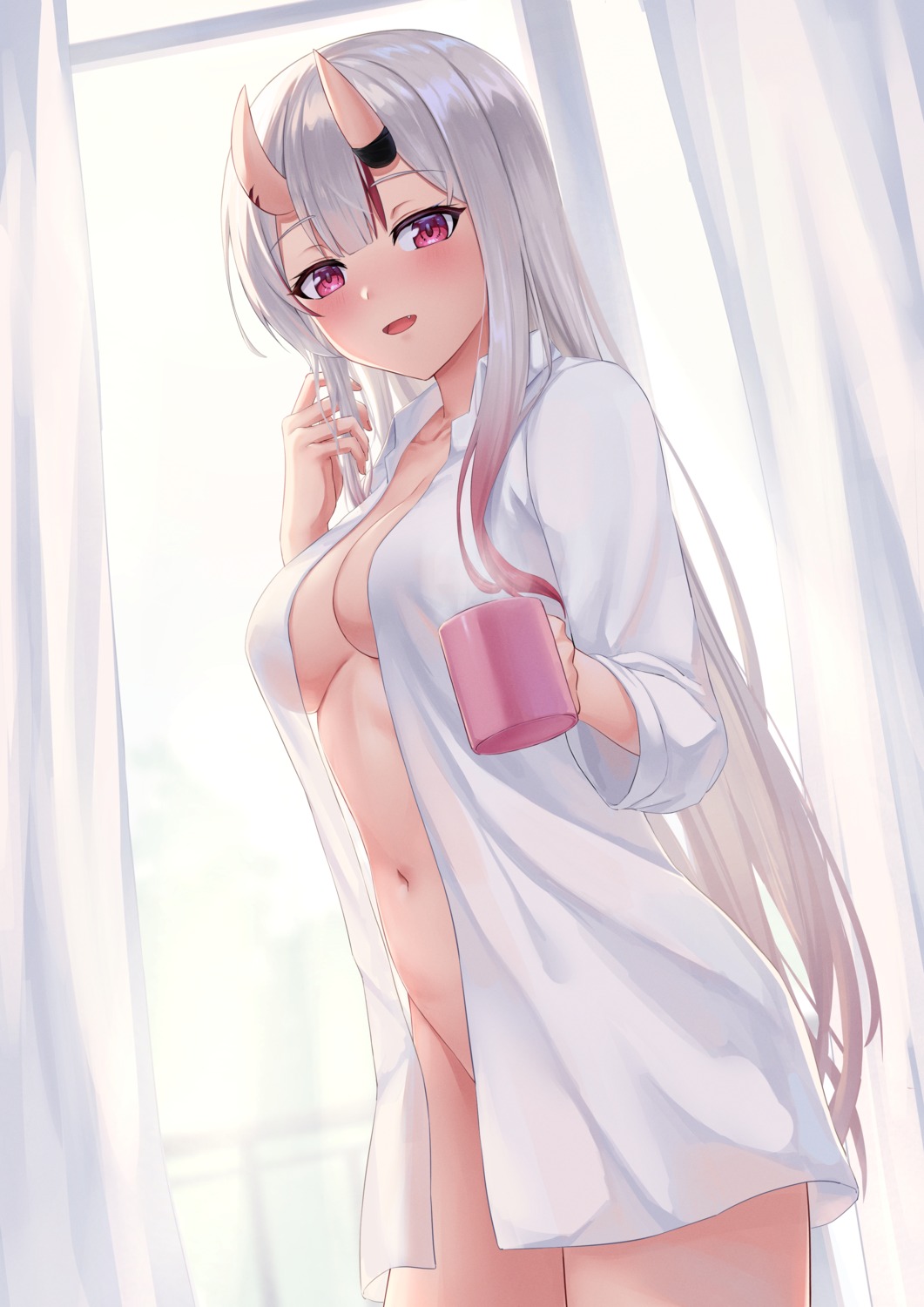 bottomless dress_shirt hololive horns maki_(pixiv9288678) nakiri_ayame no_bra open_shirt see_through