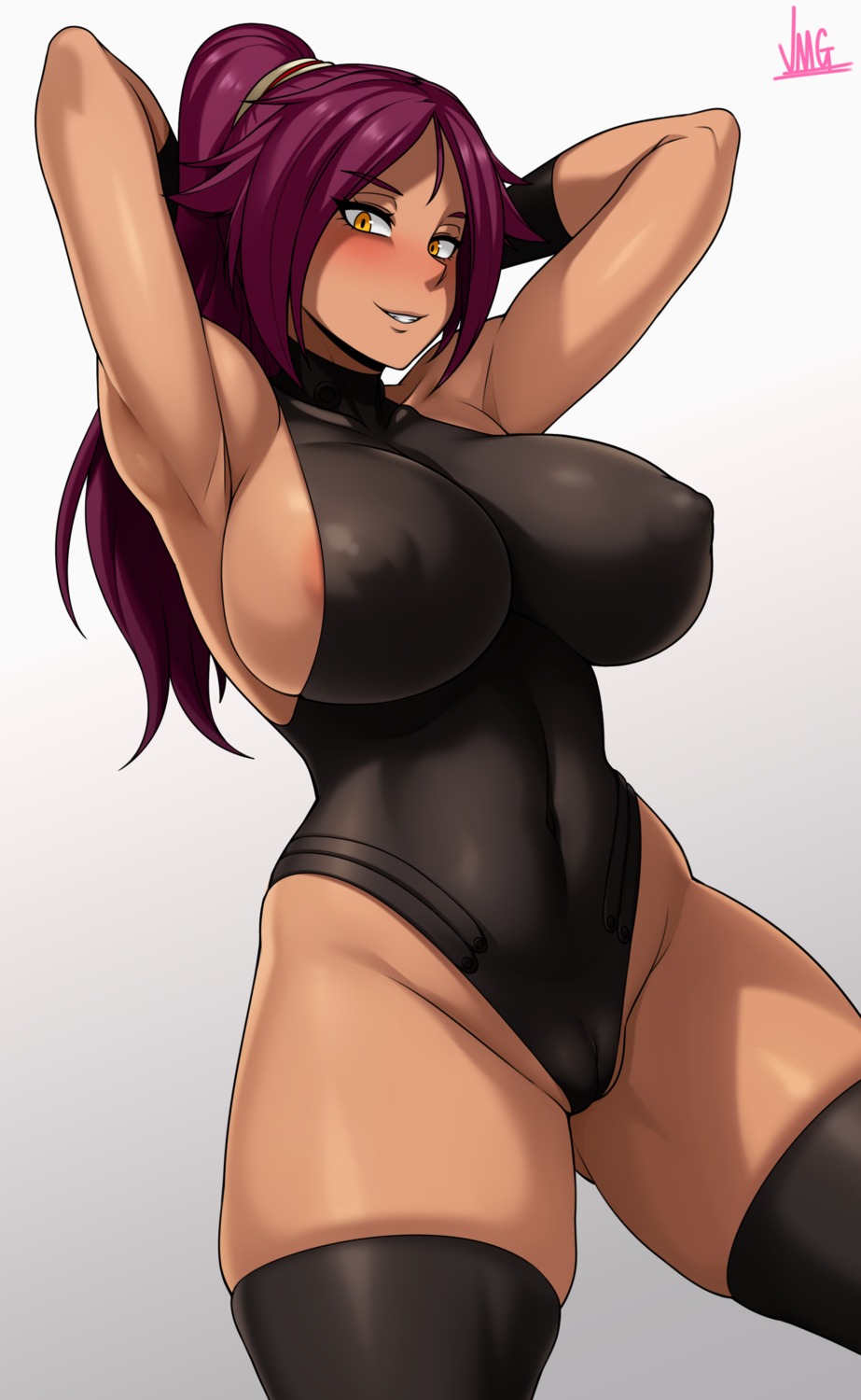 areola bleach cameltoe erect_nipples jmg leotard no_bra shihouin_yoruichi thighhighs