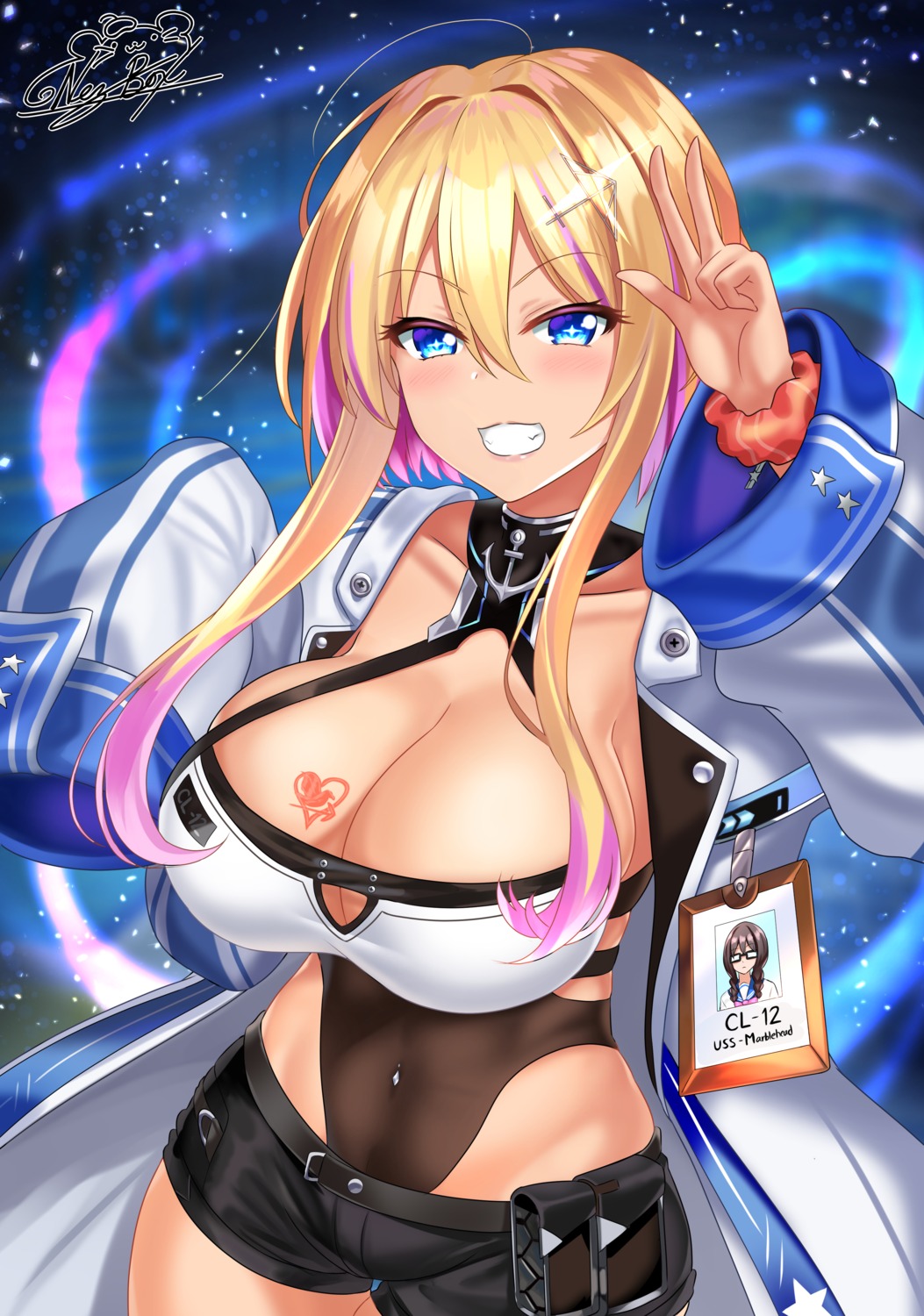 azur_lane cleavage leotard marblehead_(azur_lane) nez-kun no_bra tattoo