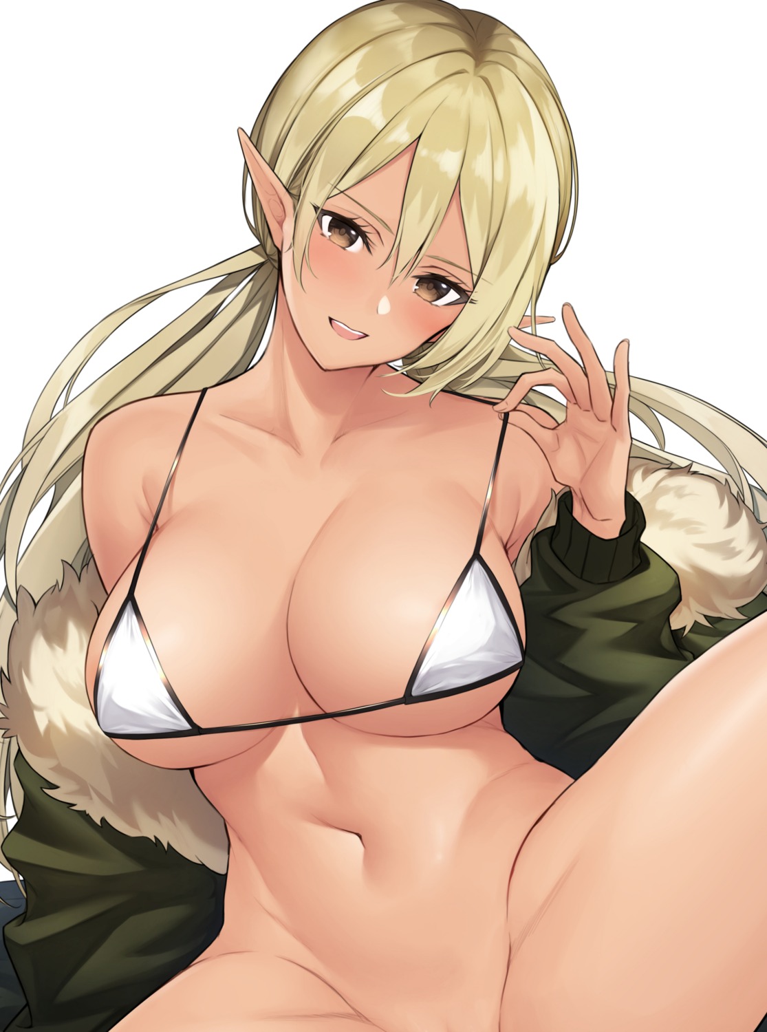 anza_tomo bikini_top bottomless elf open_shirt pointy_ears swimsuits undressing