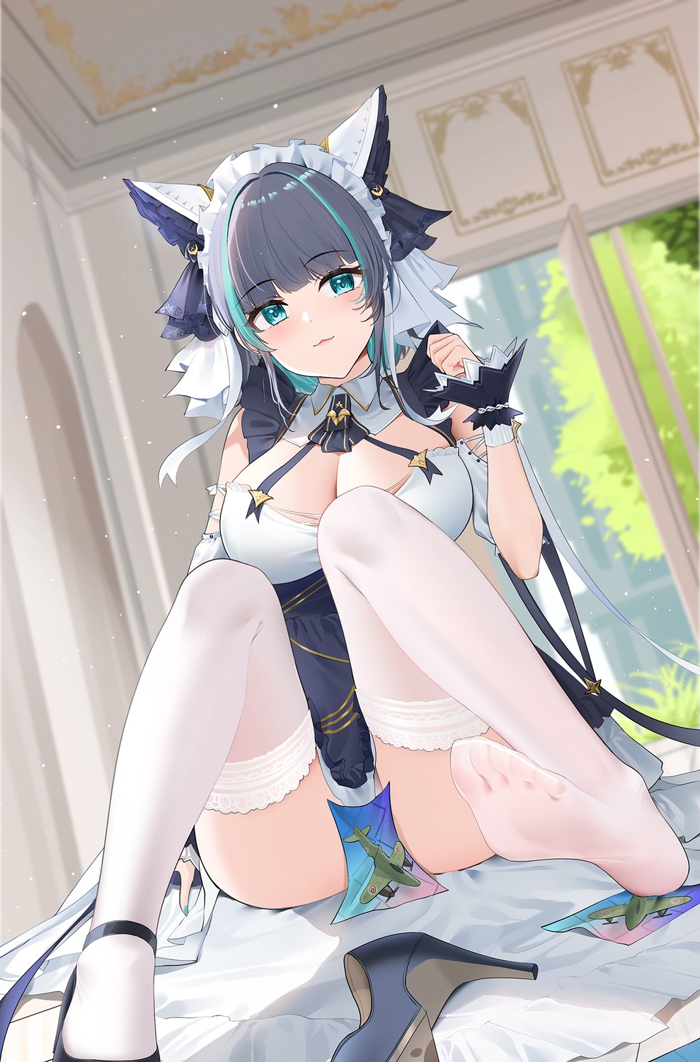 animal_ears azur_lane cheshire_(azur_lane) cleavage feet maid nekomimi no_bra qing_wu thighhighs