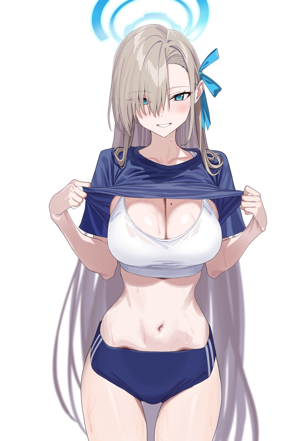 blue_archive bra buruma gym_uniform halo hidis0086 ichinose_asuna see_through shirt_lift undressing wet wet_clothes