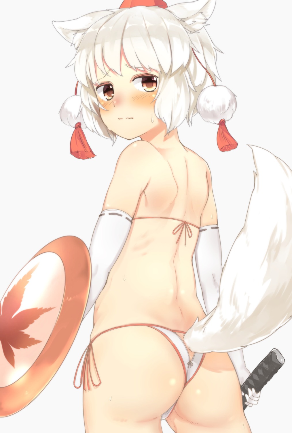 animal_ears ass bikini inubashiri_momiji loli nishiuri swimsuits sword tail touhou