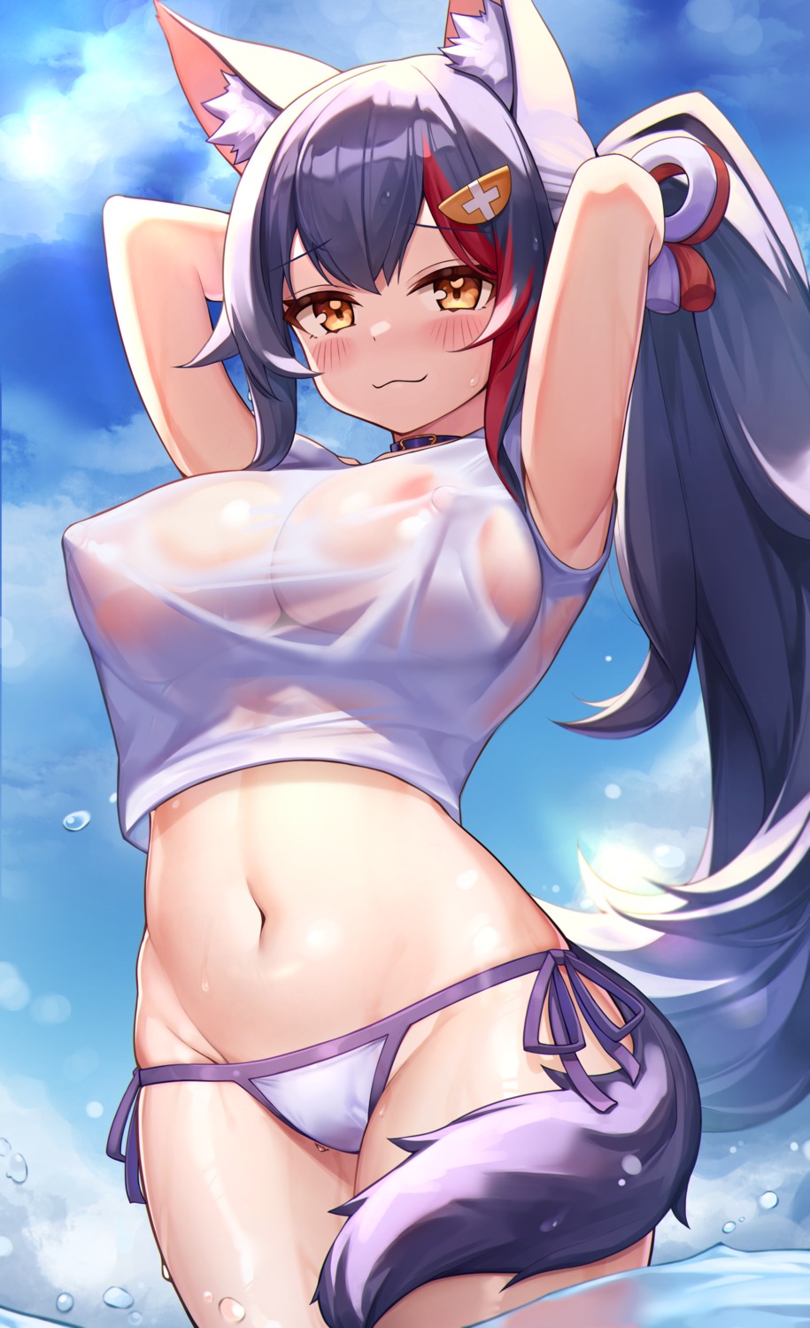 animal_ears bikini deaver hololive hololive_gamers nipples no_bra ookami_mio see_through swimsuits tail wet wet_clothes