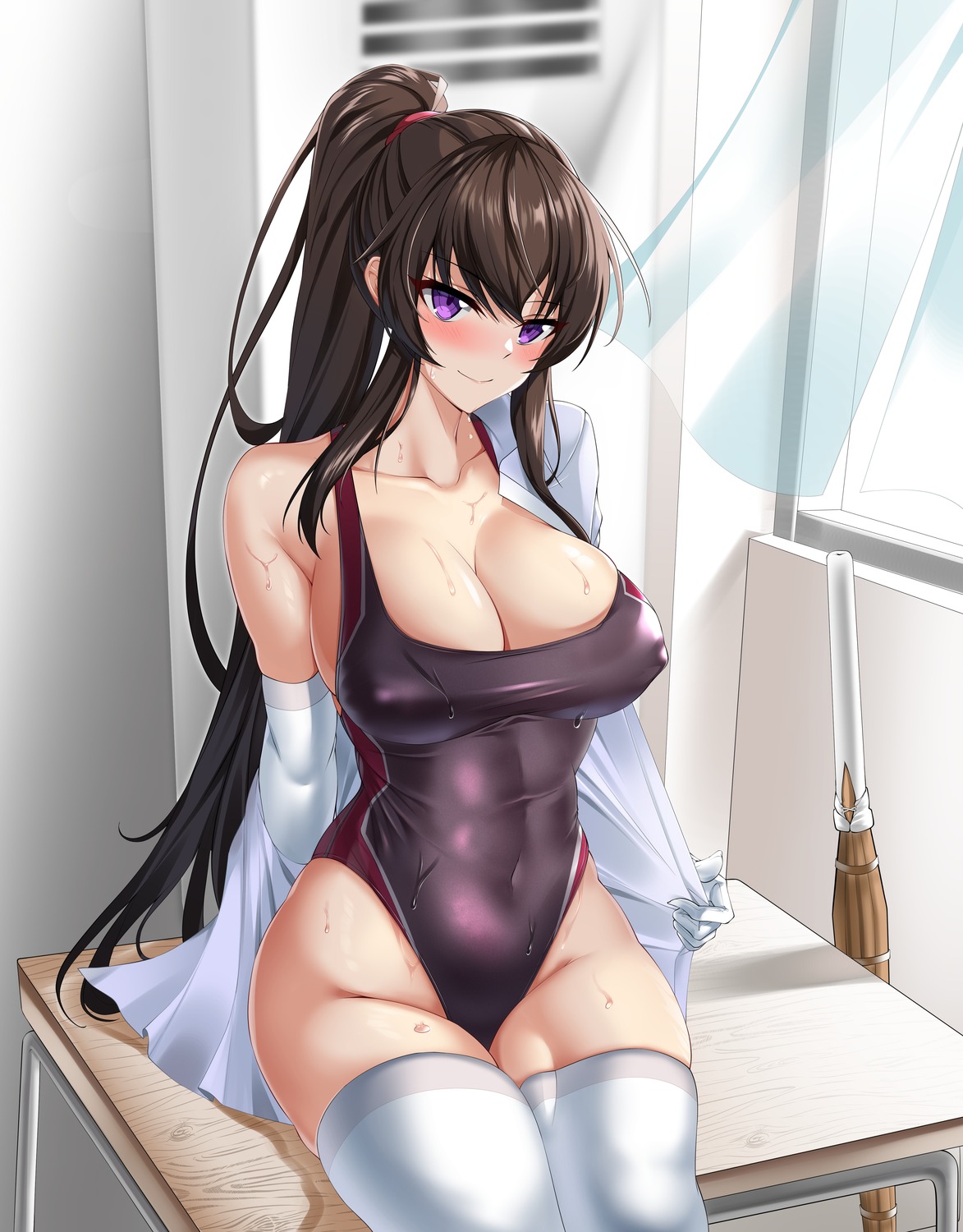 counter:side dress_shirt elze_(s01047480836) erect_nipples swimsuits sword thighhighs undressing