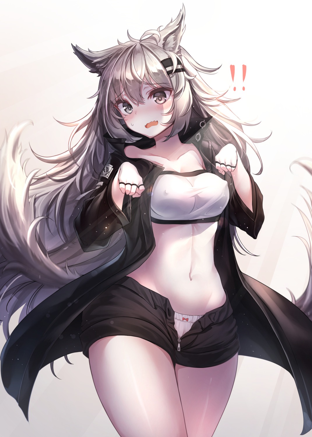 animal_ears arknights bra erect_nipples lappland_(arknights) mecha_(alswp) open_shirt pantsu