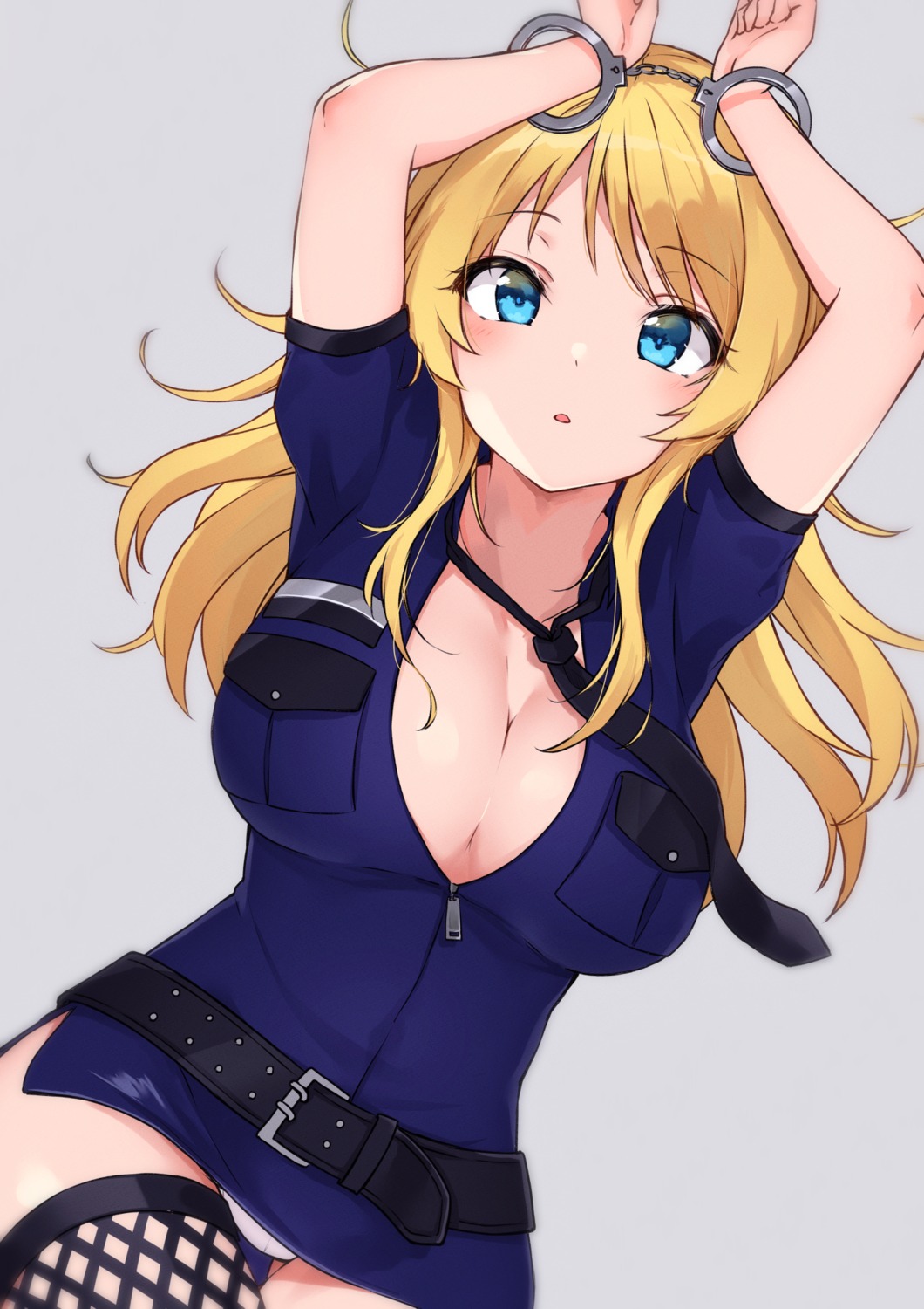 bondage cleavage fishnets hachimiya_meguru minikon no_bra open_shirt pantsu police_uniform skirt_lift the_idolm@ster the_idolm@ster_shiny_colors thighhighs