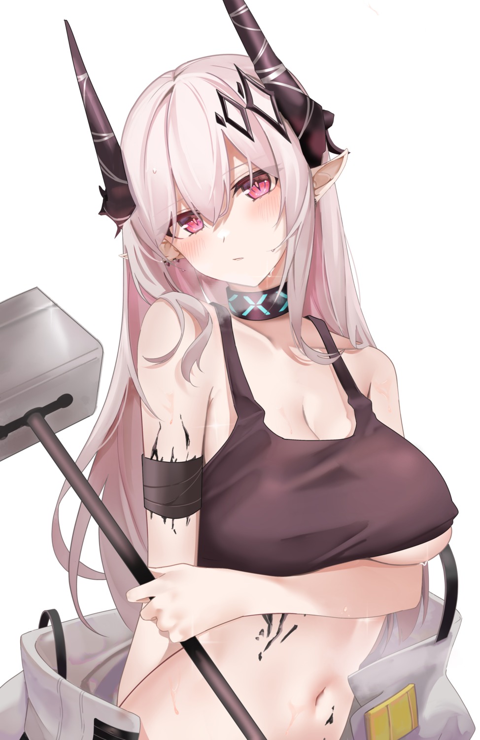 arknights bandages breast_hold cleavage erect_nipples horns mudrock_(arknights) no_bra pointy_ears ru_zhai underboob weapon wet