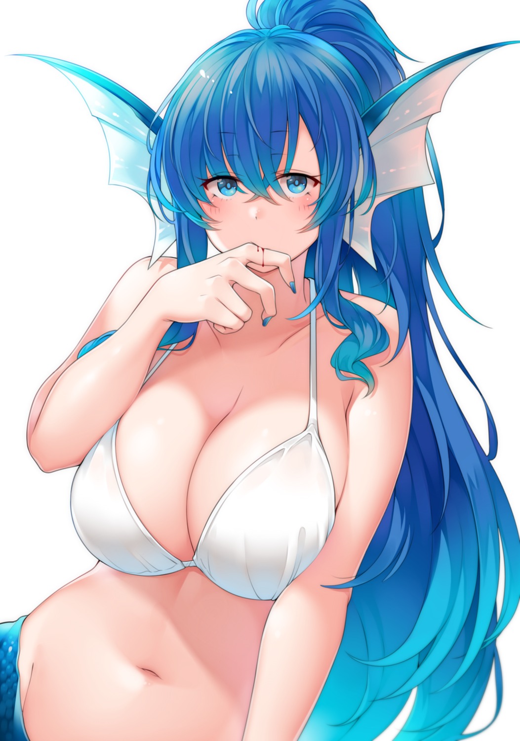 bikini_top blood breast_hold cleavage matsunoki mermaid monster_girl swimsuits