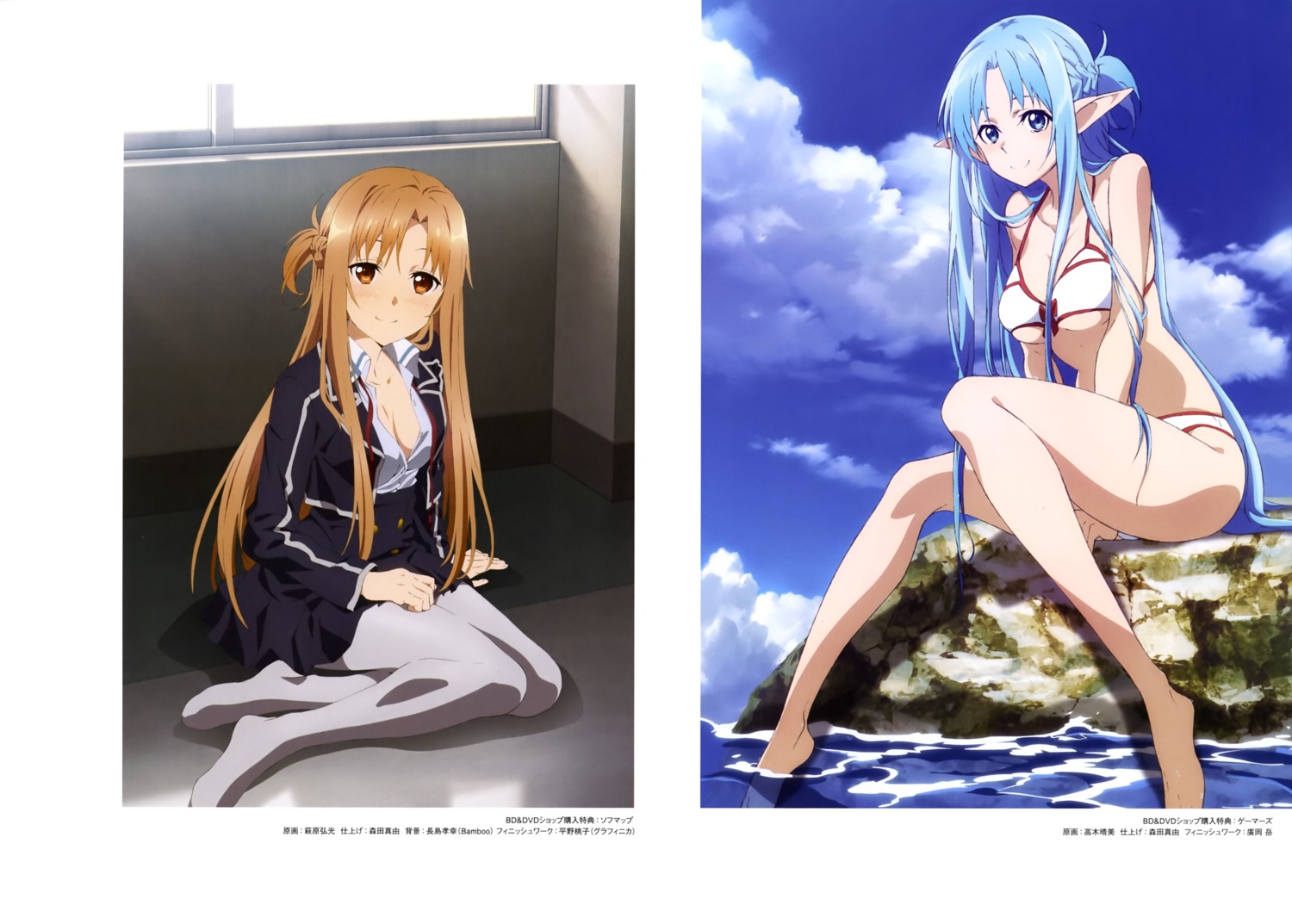 alfheim_online asuna_(sword_art_online) bikini cleavage hagiwara_hiromitsu open_shirt pantyhose pointy_ears seifuku swimsuits sword_art_online takagi_harumi underboob wet