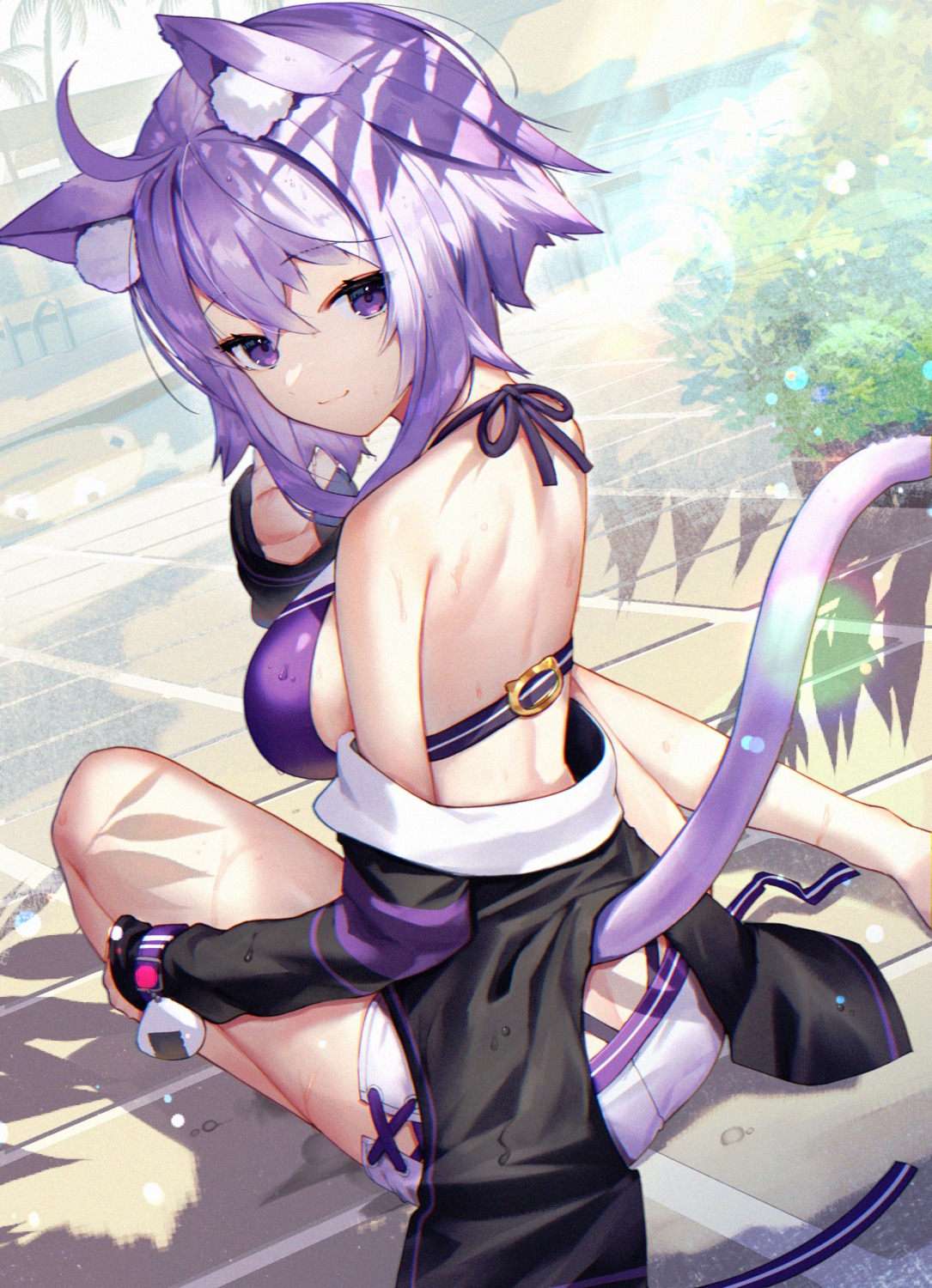 animal_ears artist_revision bikini hololive hololive_gamers nekomata_okayu nekomimi open_shirt scottie swimsuits tail