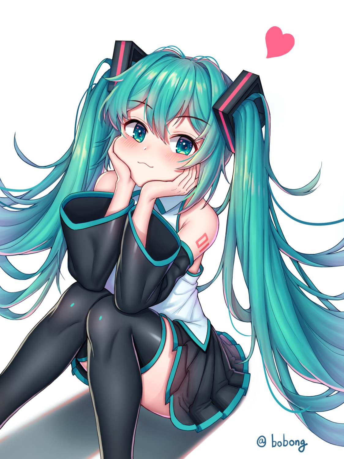 hatsune_miku kk_(aky2374) skirt_lift tattoo thighhighs vocaloid