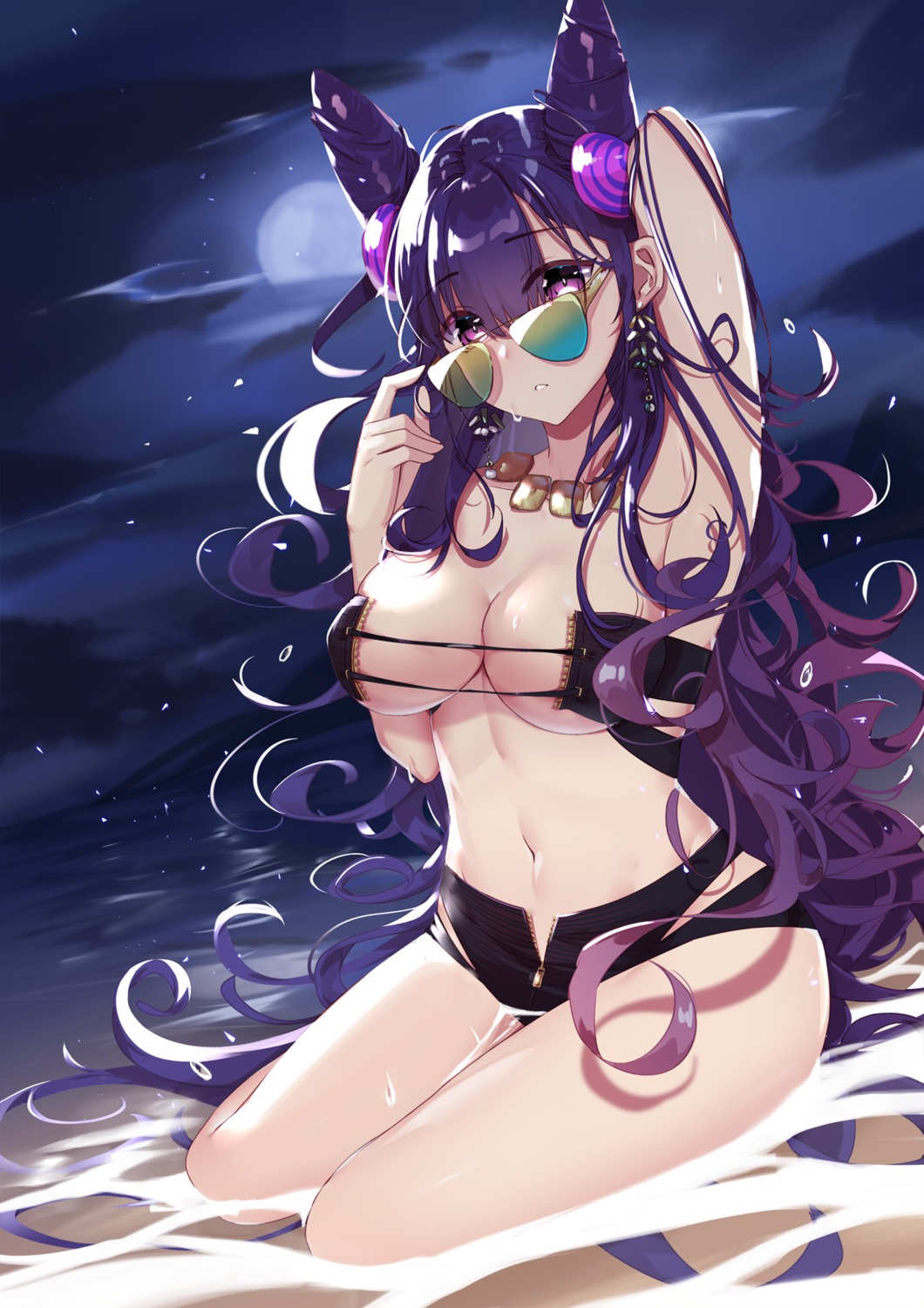 fate/grand_order megane mo_(pixiv9929995) murasaki_shikibu_(fate) no_bra swimsuits wet