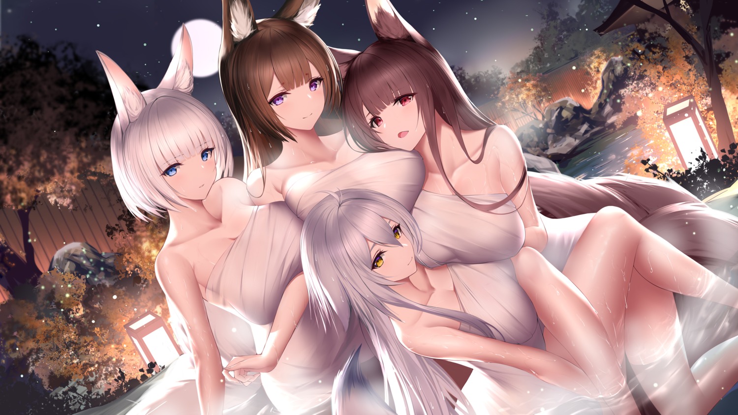 akagi_(azur_lane) amagi_(azur_lane) an_yasuri animal_ears azur_lane kaga_(azur_lane) kitsune onsen tail tosa_(azur_lane) towel wet yuri