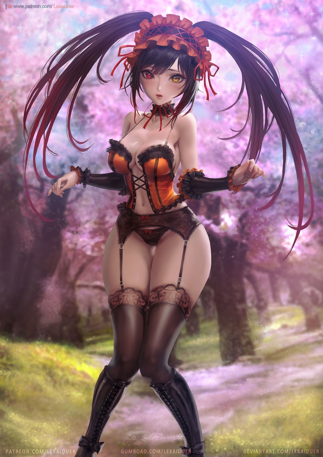 corset date_a_live garter_belt gothic_lolita heterochromia lexaiduer lolita_fashion no_bra stockings thighhighs tokisaki_kurumi