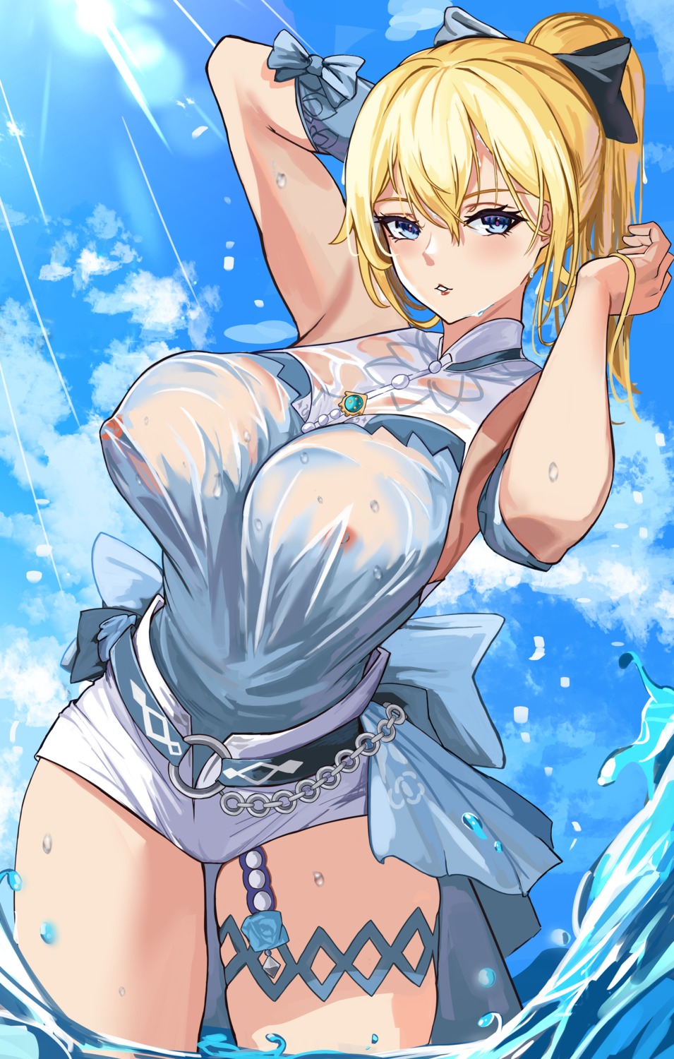 garter genshin_impact jean_(genshin_impact) loooyd nipple_slip no_bra see_through wet wet_clothes