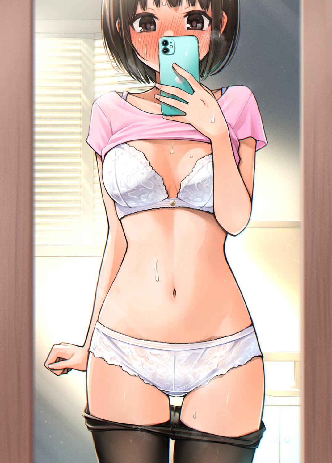 bra cleavage dojirou pantsu pantyhose see_through selfie shirt_lift wet