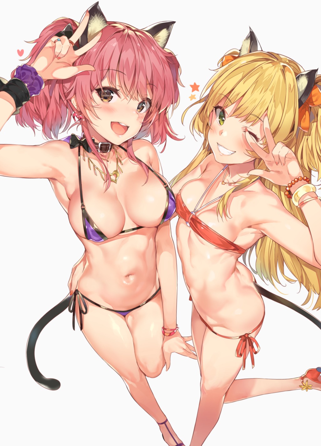 animal_ears bikini cleavage heels jougasaki_mika jougasaki_rika nekomimi swimsuits tail the_idolm@ster the_idolm@ster_cinderella_girls underboob yuran