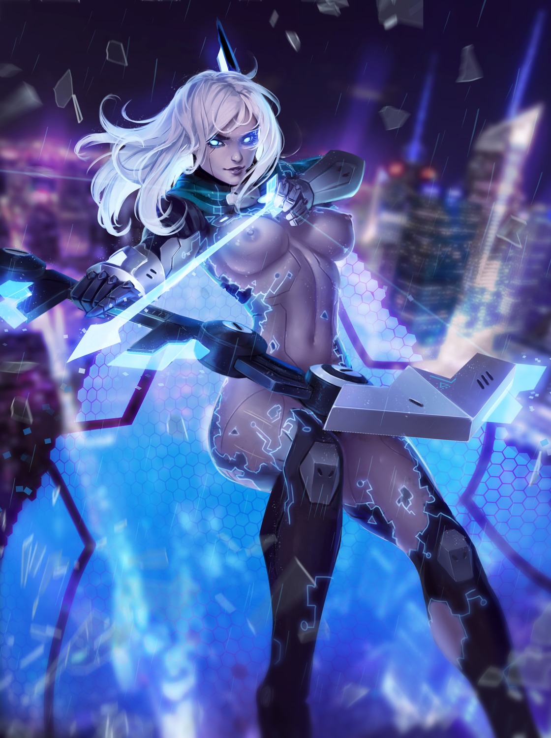 armor ashe bodysuit breasts league_of_legends mecha_musume nipples no_bra torn_clothes weapon zarory