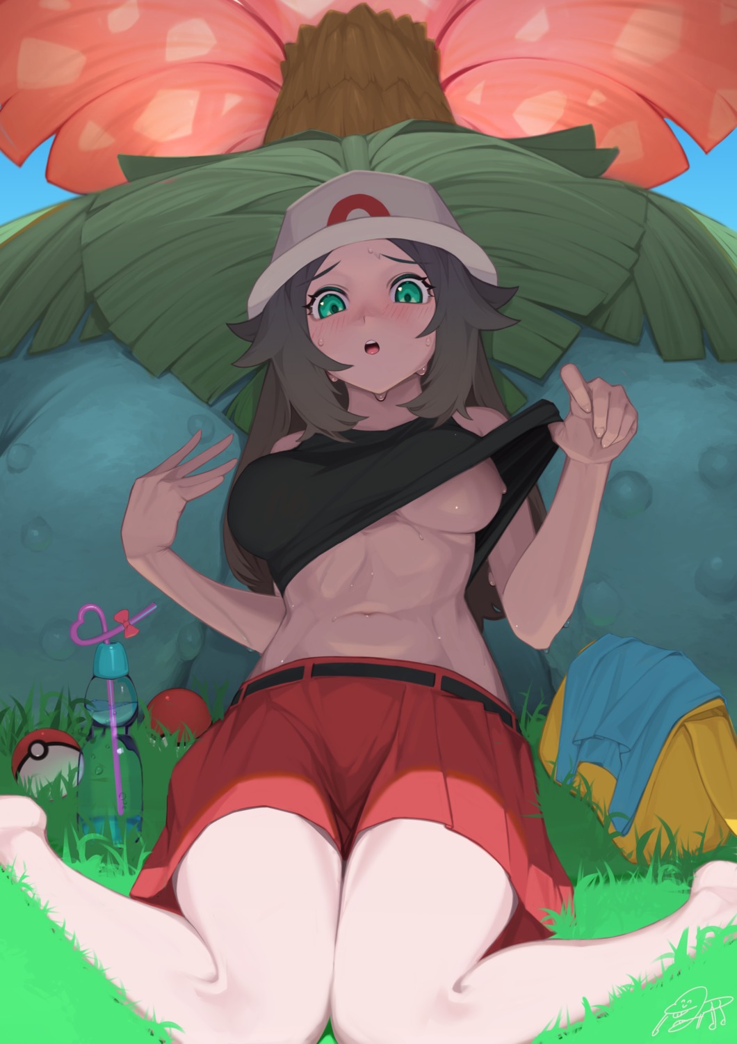 komadera leaf_(pokemon) no_bra pokemon pokemon_frlg shirt_lift undressing venusaur