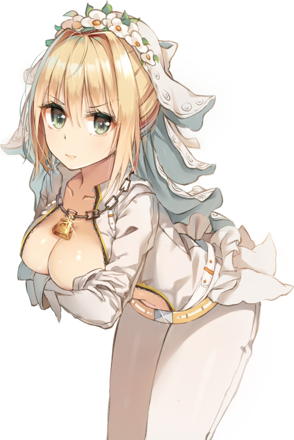 breast_hold breasts fate/extra fate/grand_order fate/stay_night no_bra open_shirt rikoma saber_bride saber_extra