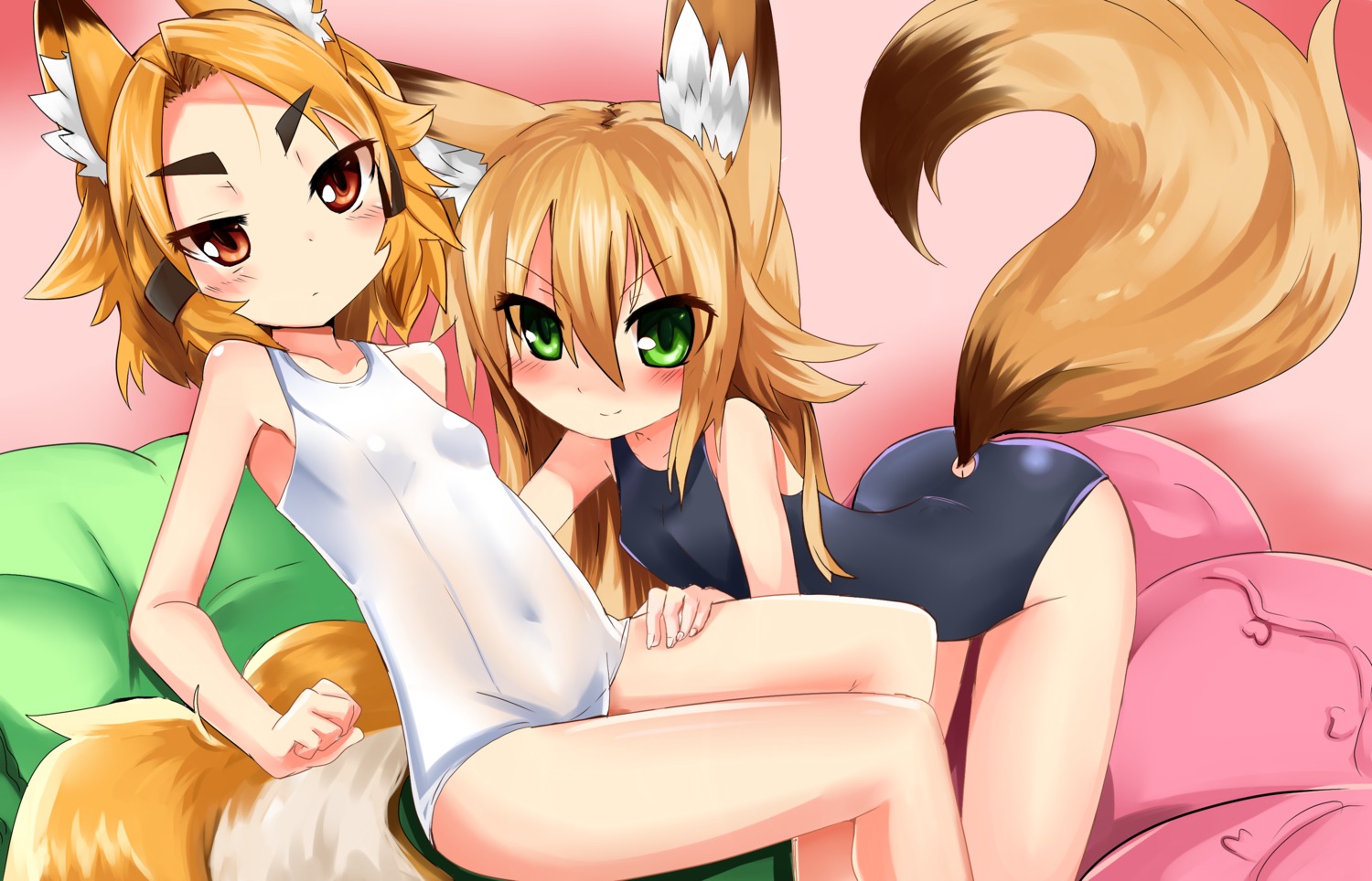 animal_ears haik kitsune kokonoe_tsubaki kurenai_tsubaki loli school_swimsuit swimsuits tail