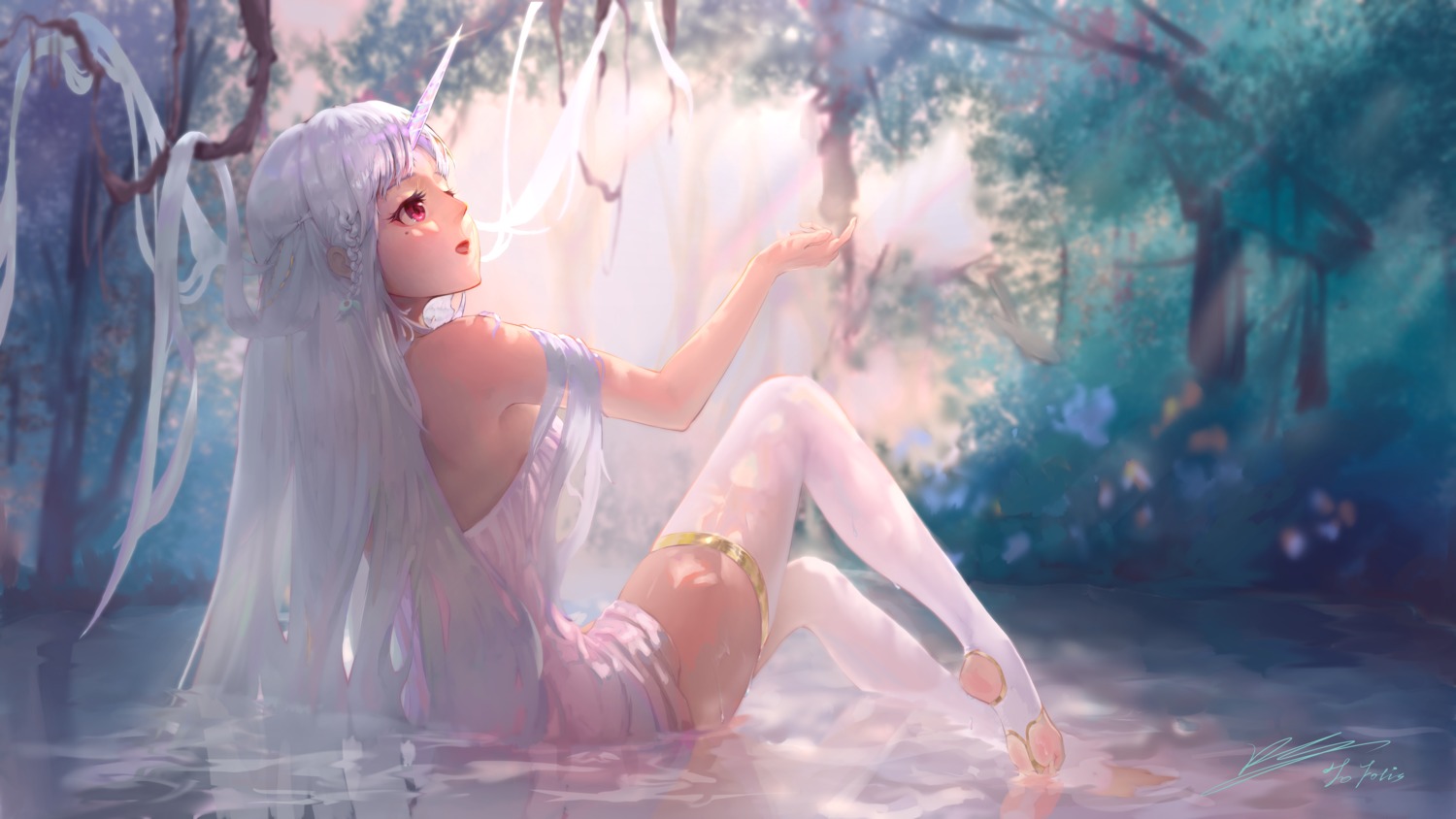 dress horns kioroshin no_bra see_through skirt_lift thighhighs wet wet_clothes