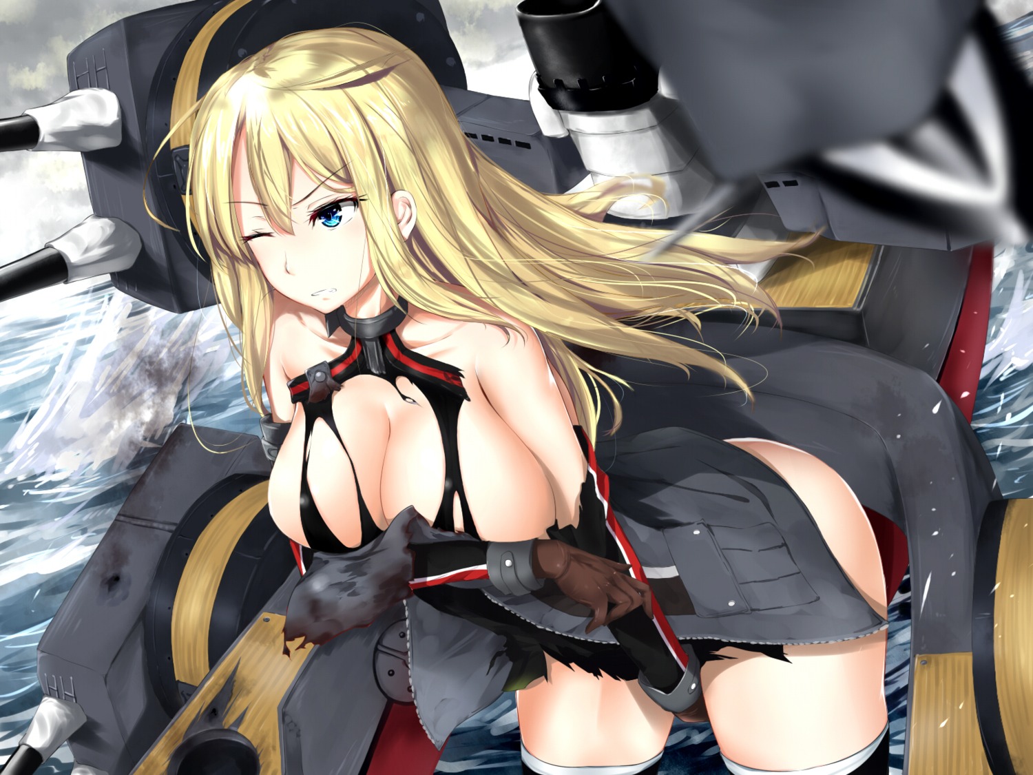 bismarck_(kancolle) breast_hold cleavage kantai_collection no_bra thighhighs tokorotn torn_clothes wallpaper