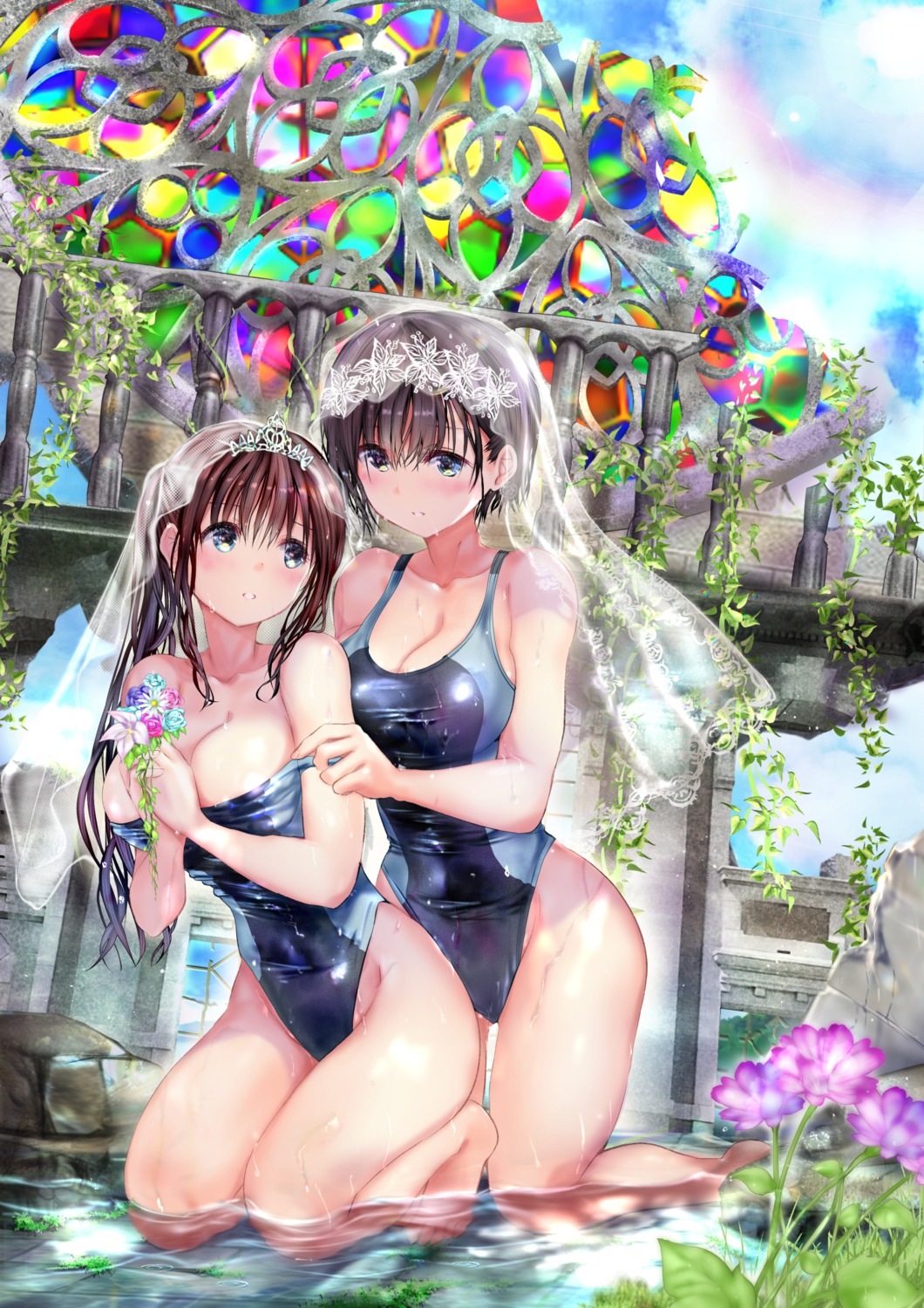 ogata_tei swimsuits undressing wet yuri