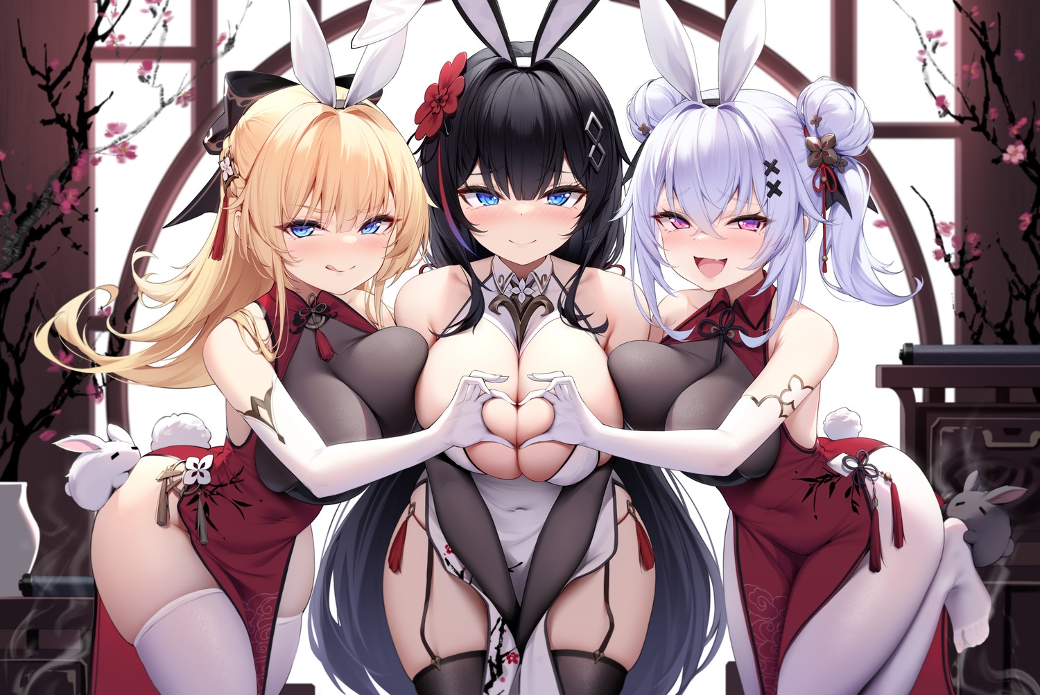 animal_ears bunny_ears chinadress k.t.cube no_bra pantyhose stockings tail thighhighs