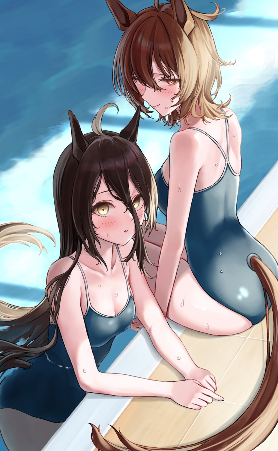 agnes_tachyon_(umamusume) animal_ears ass cleavage huziko32 manhattan_cafe_(umamusume) school_swimsuit swimsuits tail uma_musume_pretty_derby wet