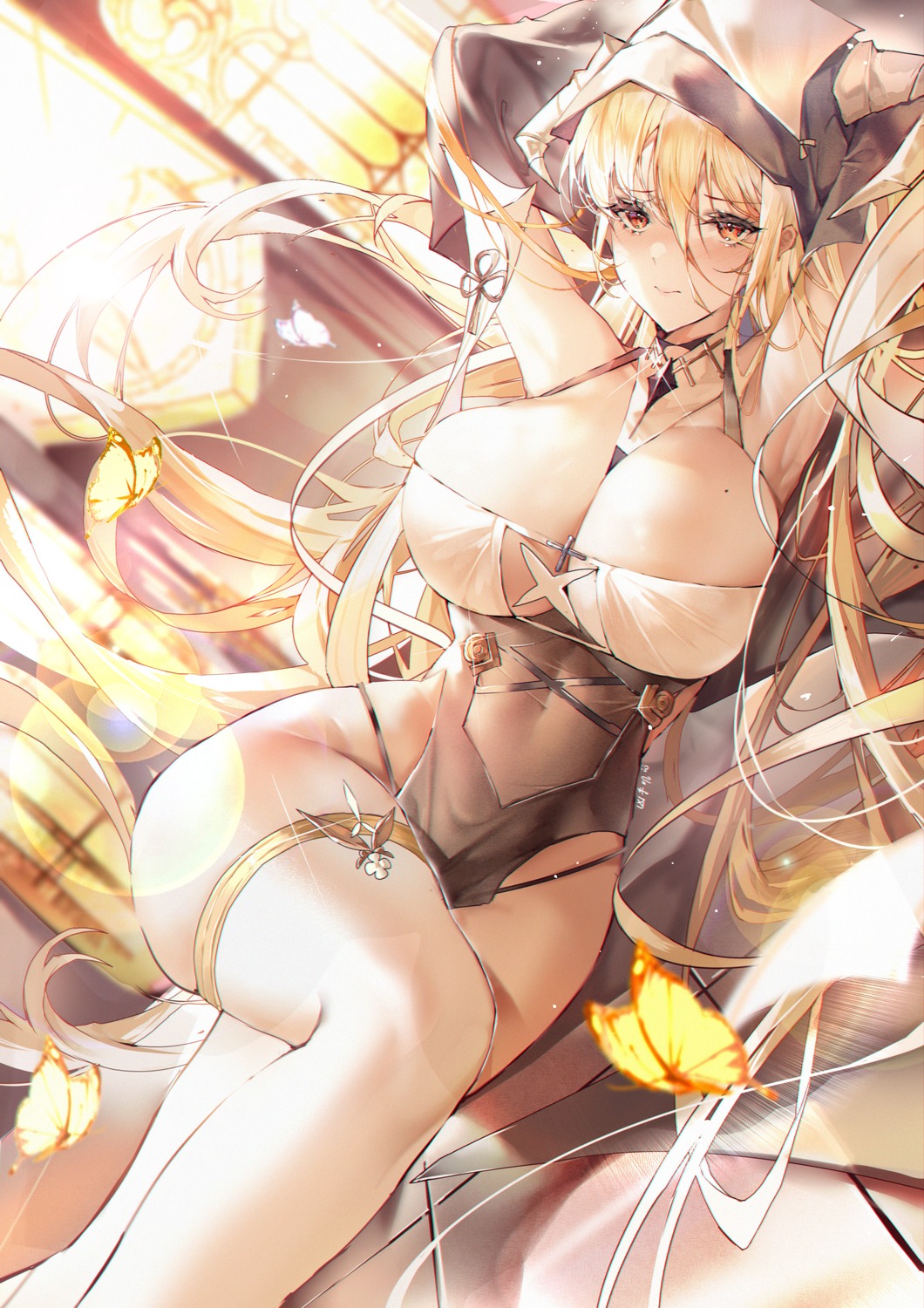 azur_lane garter horns implacable_(azur_lane) no_bra nun xiongshouji