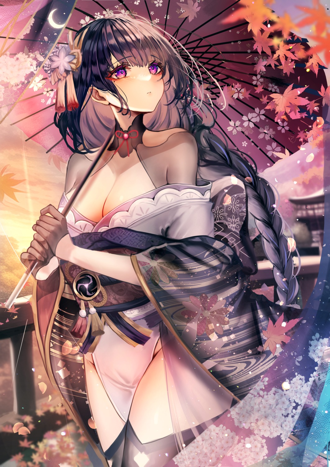 chiachun0621 genshin_impact japanese_clothes no_bra open_shirt raiden_shogun see_through thighhighs umbrella