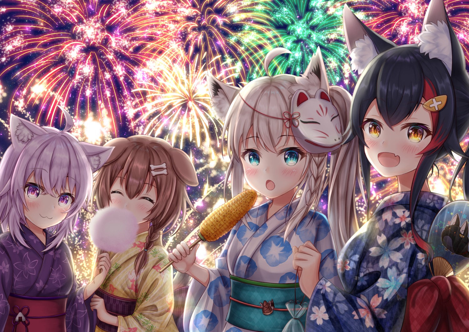 animal_ears hololive hololive_gamers inugami_korone inumimi kitsune namekuji_ojiichan nekomata_okayu nekomimi ookami_mio shirakami_fubuki yukata