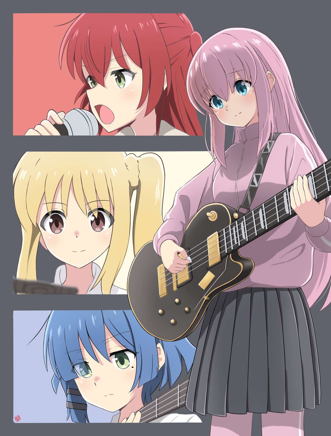 bocchi_the_rock! gotou_hitori guitar gym_uniform ijichi_nijika kita_ikuyo naosuke seifuku yamada_ryou